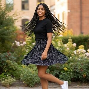 SO Polka Dot Skater Skirt Medium Black White Smocked Waist Mini Flare
